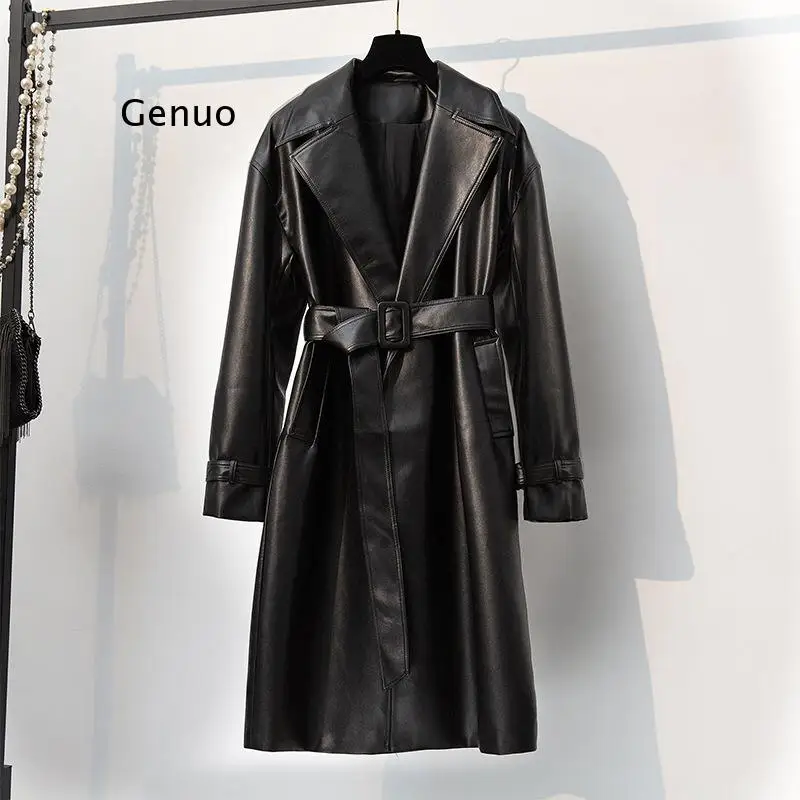 

Winter Long PU Jacket Women Faux Leather Jackets Fashion Motorcycle Coat Lady Fashion Autumn Goth Black Windbreaker Outwear