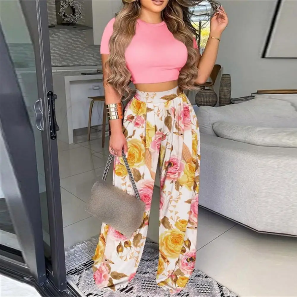 M-4XL Summer 2Pcs Crop Top Pants Set Round Neck Cropped Tight Top Floral Print Wide Leg Loose Trousers Beach Style Women Outfit