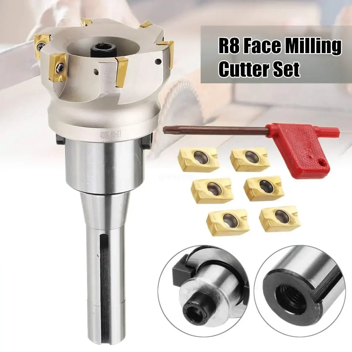 Face Milling Cutter Spindle R8-FMB27 British 7/16 with 80mm Right Angle Cutter Apmt1604 Blade 6 Tablets