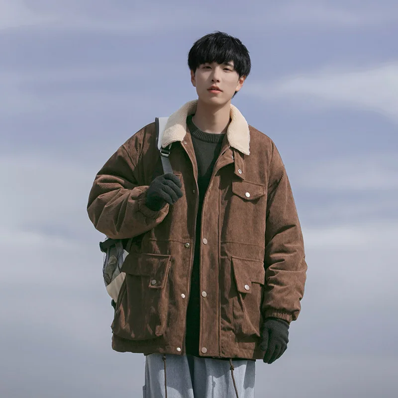 

Новая зимняя мода, мужские повседневные модные однотонные вельветовые парки с отложным воротником и длинными рукавами, утепленные парки, мужские пальто, топы