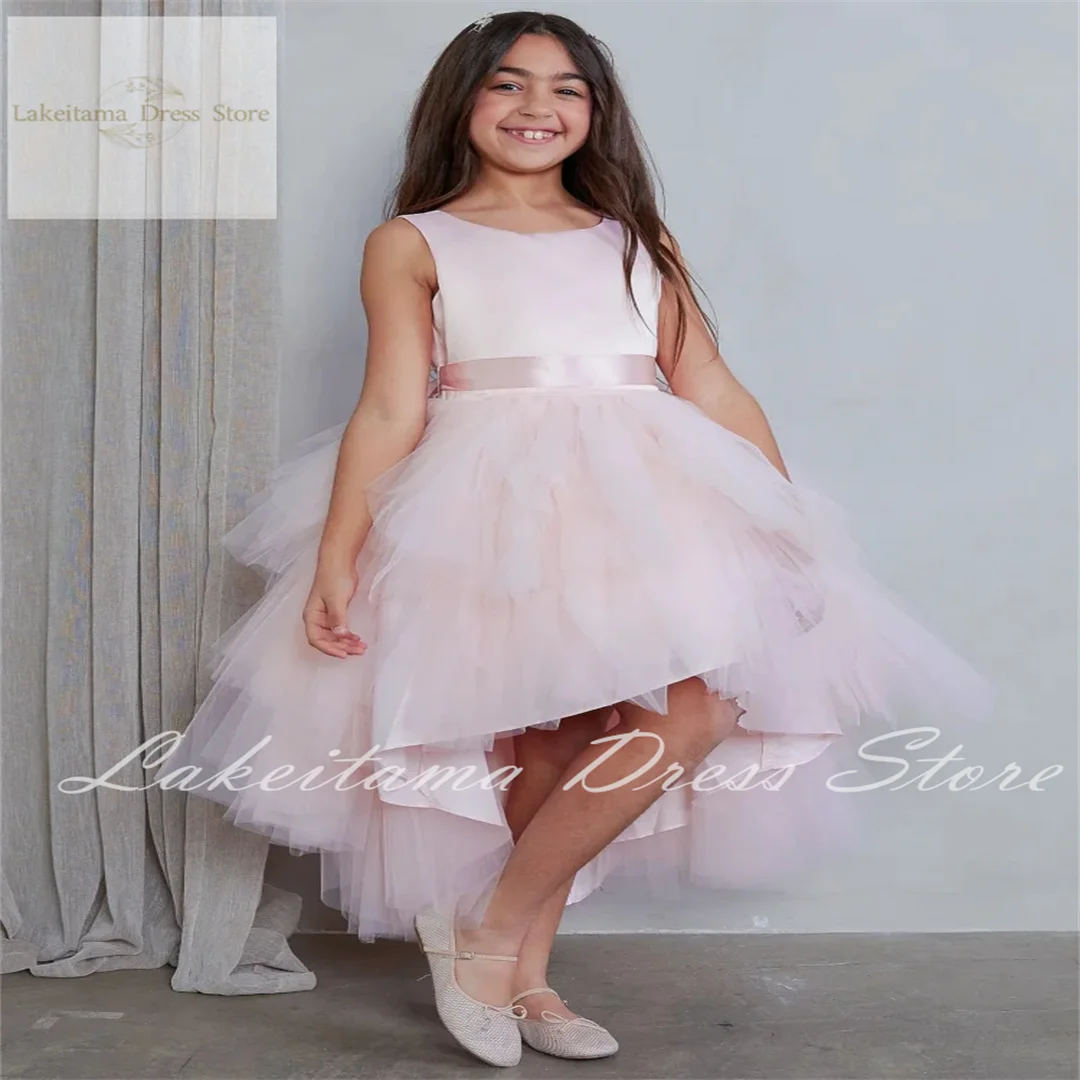 

Flower Girl Dresses Tulle Satin Tiered With Bow Ribbon High-low Skirt Sleeveless For Wedding Birthday First Communion Gowns