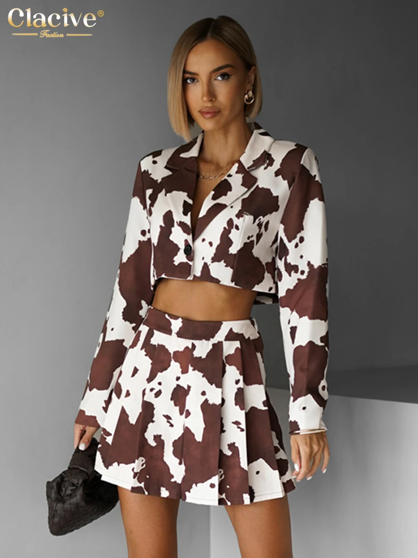 

Clacive Fashion Loose Print Skirt Set 2 Piece Woman 2025 Elegant Long Sleeve Crop Shirt With High Waist Pleated Mini Skirt Set