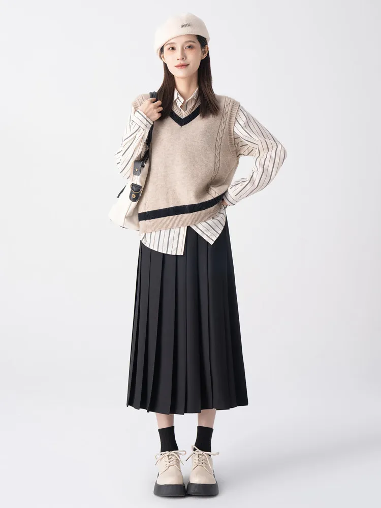 College StylejkLong pleated skirt, high-waisted, slimming, suitable for petite figuresaA-line skirt, umbrella skirt for womenjkS