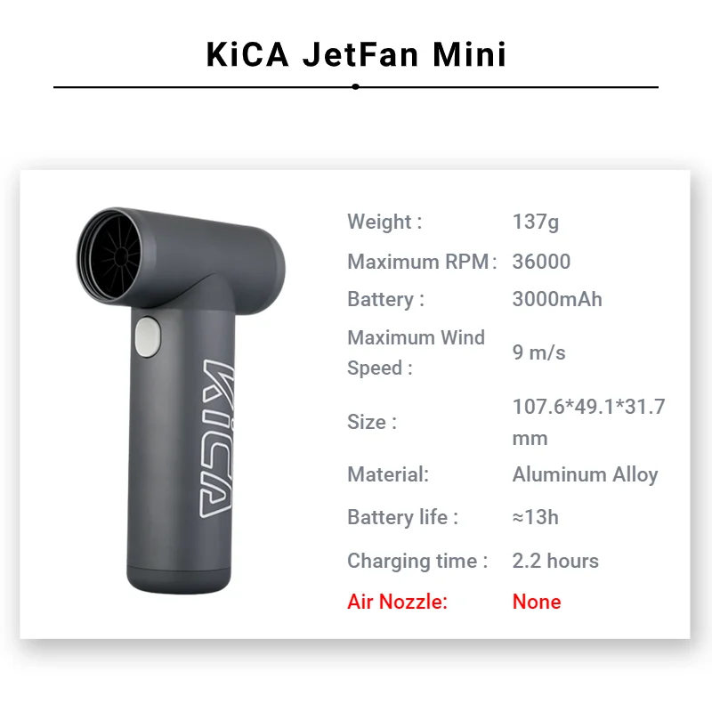 KiCA Portable JetFan-Mini Air Blower Pocket Turbo Fan Rechargeable 13-Hour Battery Life 36000rmp for Cooling, Dusting, Camping