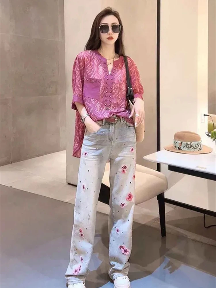 Embroidered flower jeans women's high waisted straight leg popular new slim fit versatile and personalized jeans