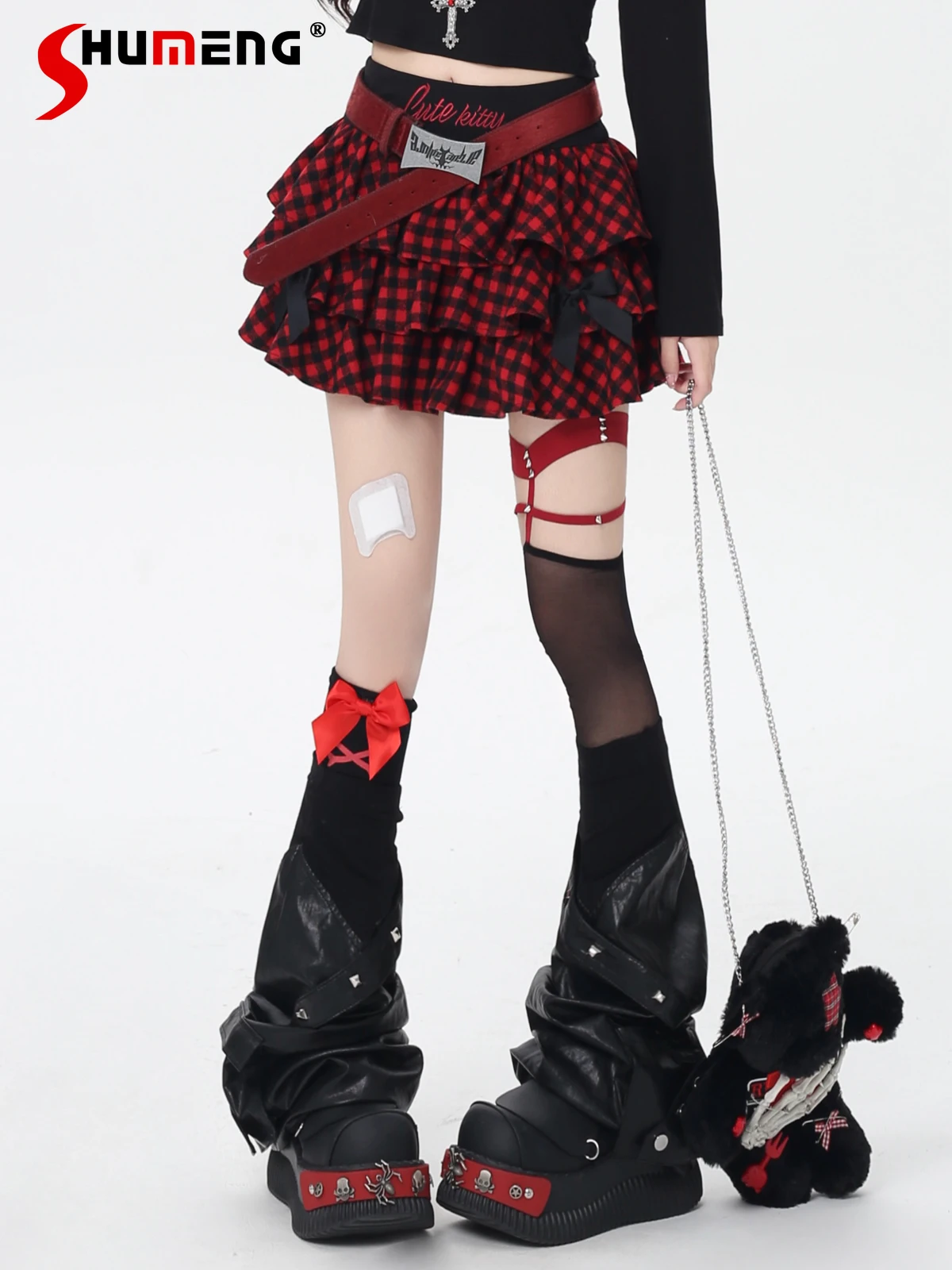 

Original Japanese Sweet Cool Girl Y2K Plaid Short Skirts High Waist Letter Embroidery Bow Layered Cake Mini Skirt Women Summer