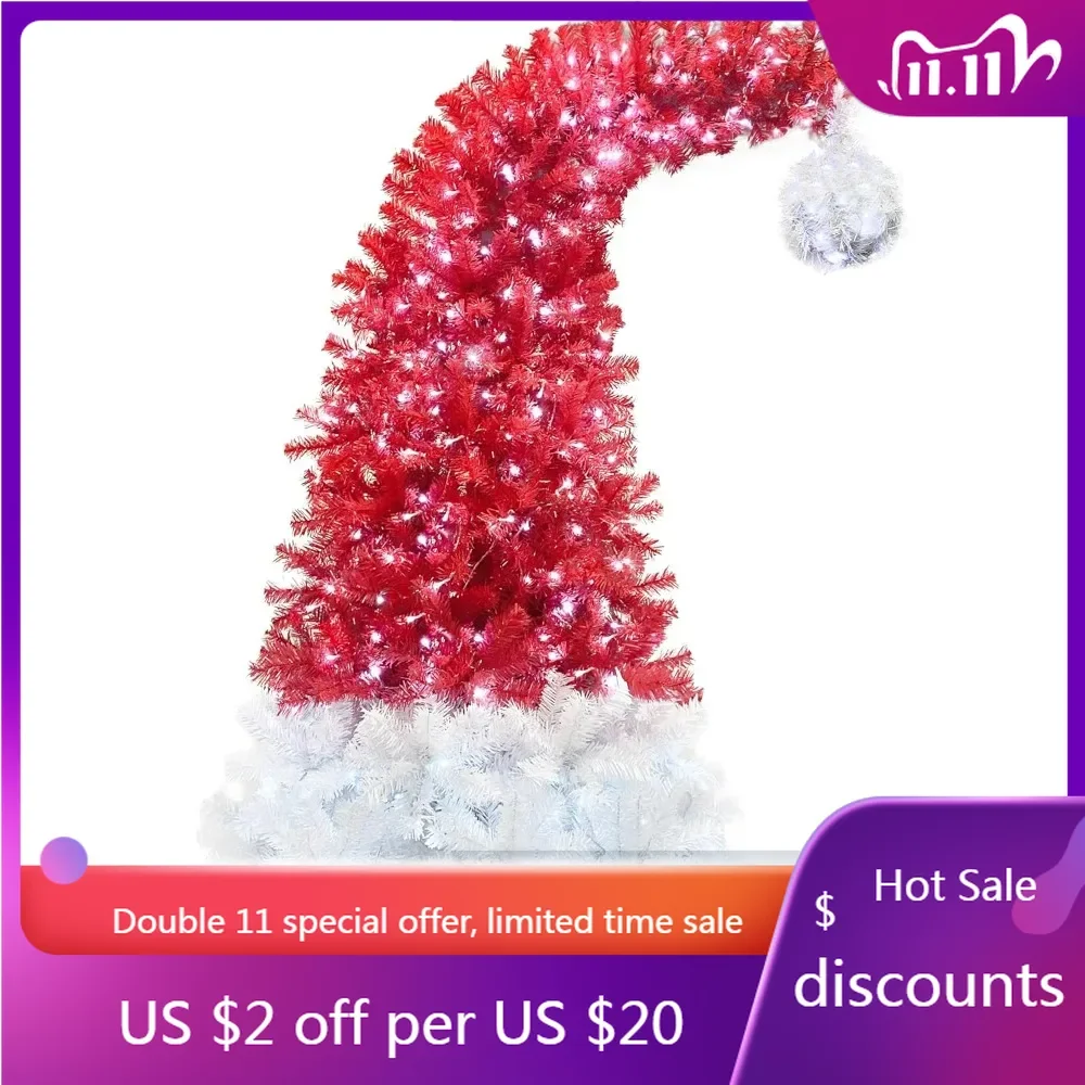 7FT Red Christmas Tree, Red Santa Hat Christmas Tree Prelit with 400 Lights and 1250 Branches, Artificial Whimsical Christmas