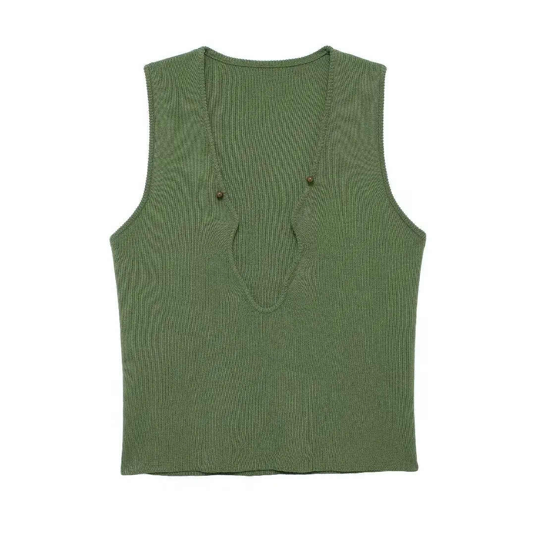 

TRAFZA Summer Female Chic Knitting Vest Tops Green Solid V-Neck Dew Shoulder Pullover Sweater Top Female Waistcoat Tops Mujer