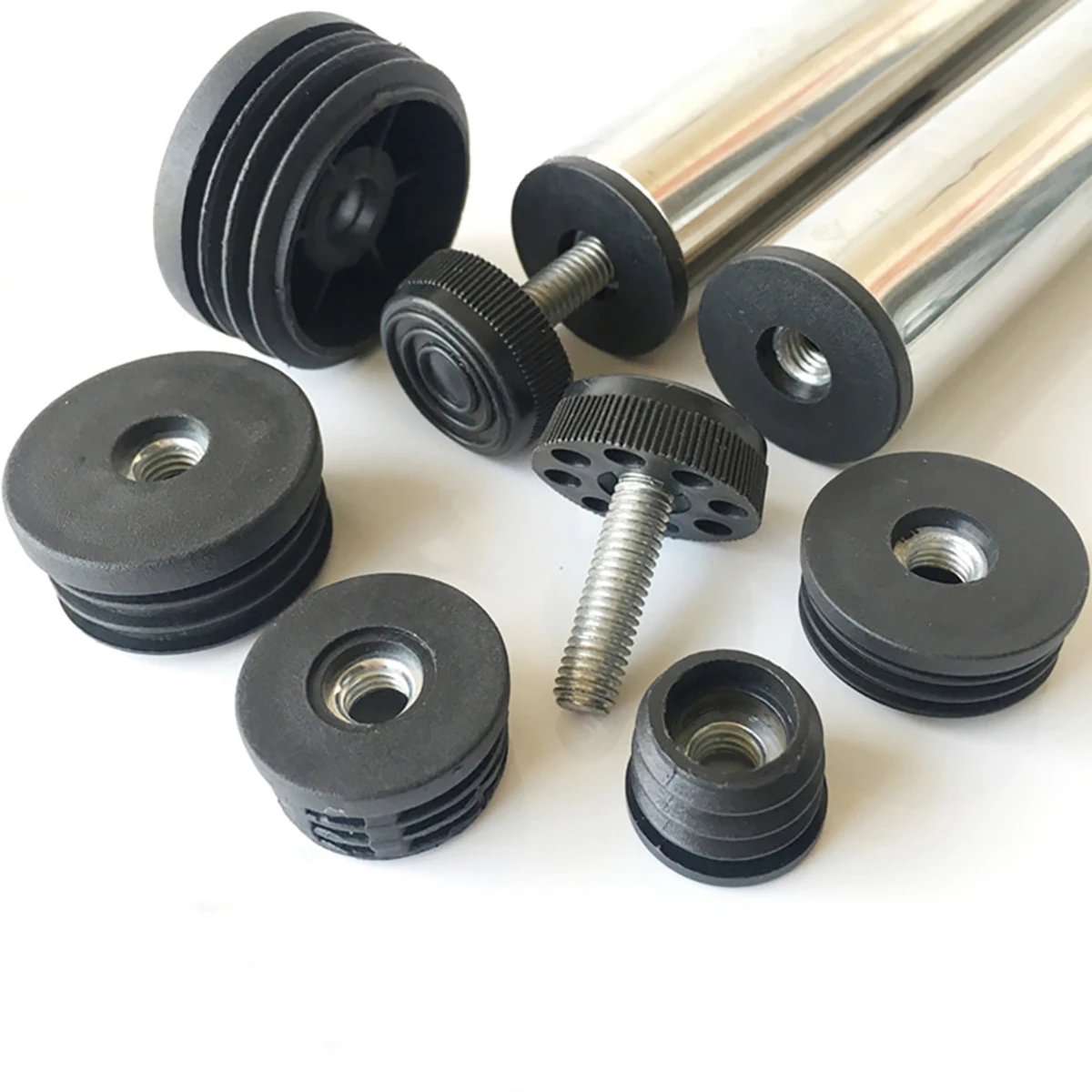 4pcs Black Round Plastic Pipe Plugs With M6 M8 Nut Spin-In Type Foot Pad Adjustable Furniture Hole Leg Balance Wheel Accessories