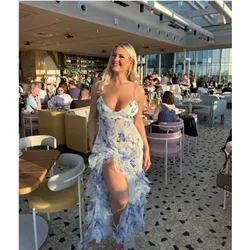 Mandylandy Summer Sexy Camis Dress Women Sleeveless Chiffon Printed Long Evening Dress Slim Fits High Waist Maxi Ruffle Dress