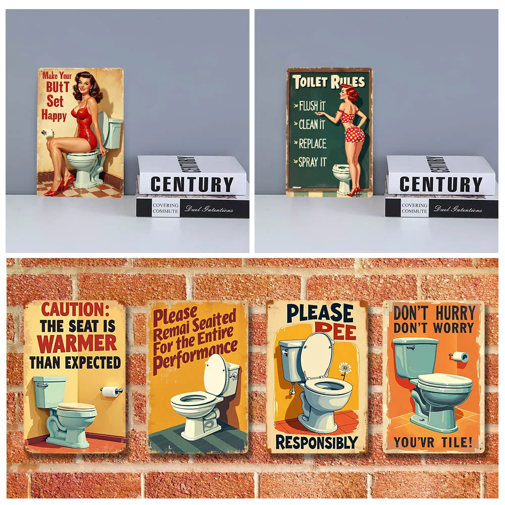Vintage Aluminium Toilet Rules Pin Up Girl Tin Sign, Dark Green Chalkboard Background Wall Decor for Restroom & Bar Home