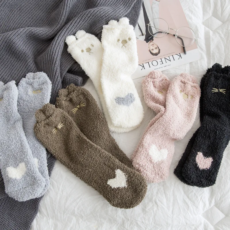 Coral Velvet Socks  Mid Length Autumn Winter Plush Thickened Warmth Home Indoor Floor Terry Thermal Ladies Sleeping Sock