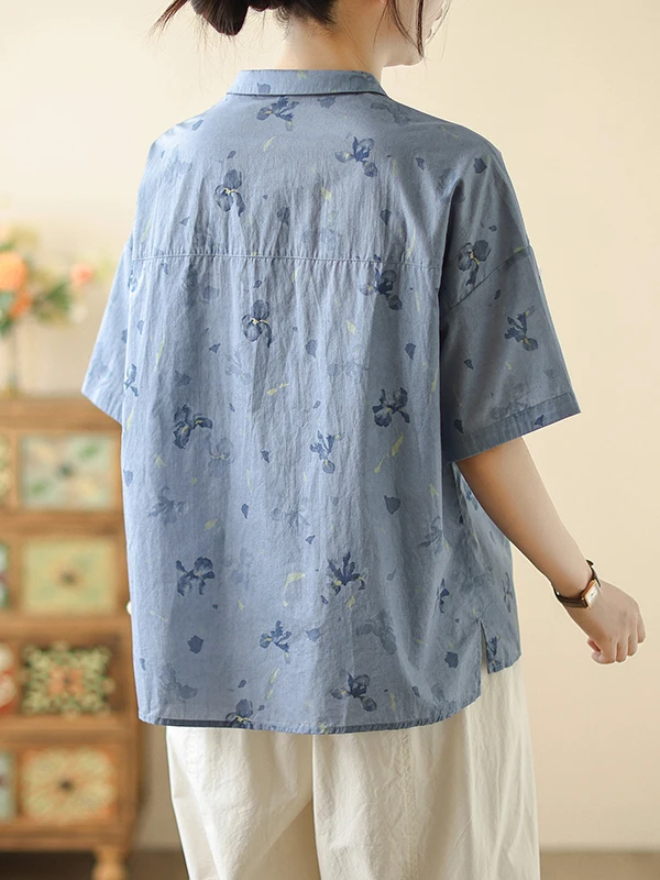 Solto ajuste ort sve algodão linho irt feminino tamanho grande impresso simples turn-down colarinho aberto frente casual verão topo