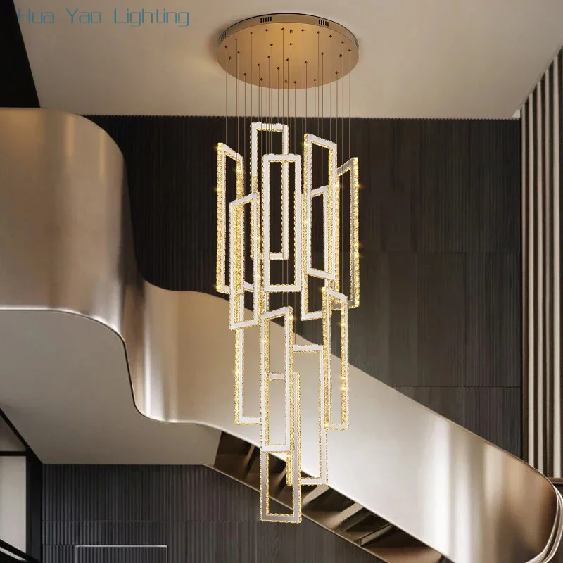 Staircase Lamp Long Chandelier Villa Duplex Light Luxury Rotating Staircase Lamp Hotel Project Living Room Lamp Crystal Chandeli