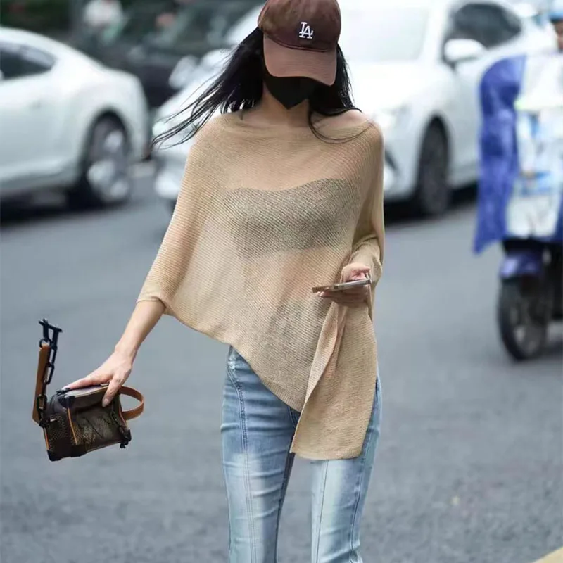 Boring Honey Summer Loose Thin Ice Silk Sweater Top Design Sense Irregular Tops women Fashion Cloak Shawl Sunscreen Shirt Femal