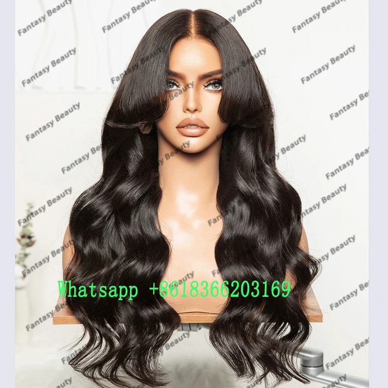 Natural Black 180Density Curtain Bangs Body Wave 360 Lace Frontal Human Hair Wigs for Black Women Soft Top Quality Full Lace Wig