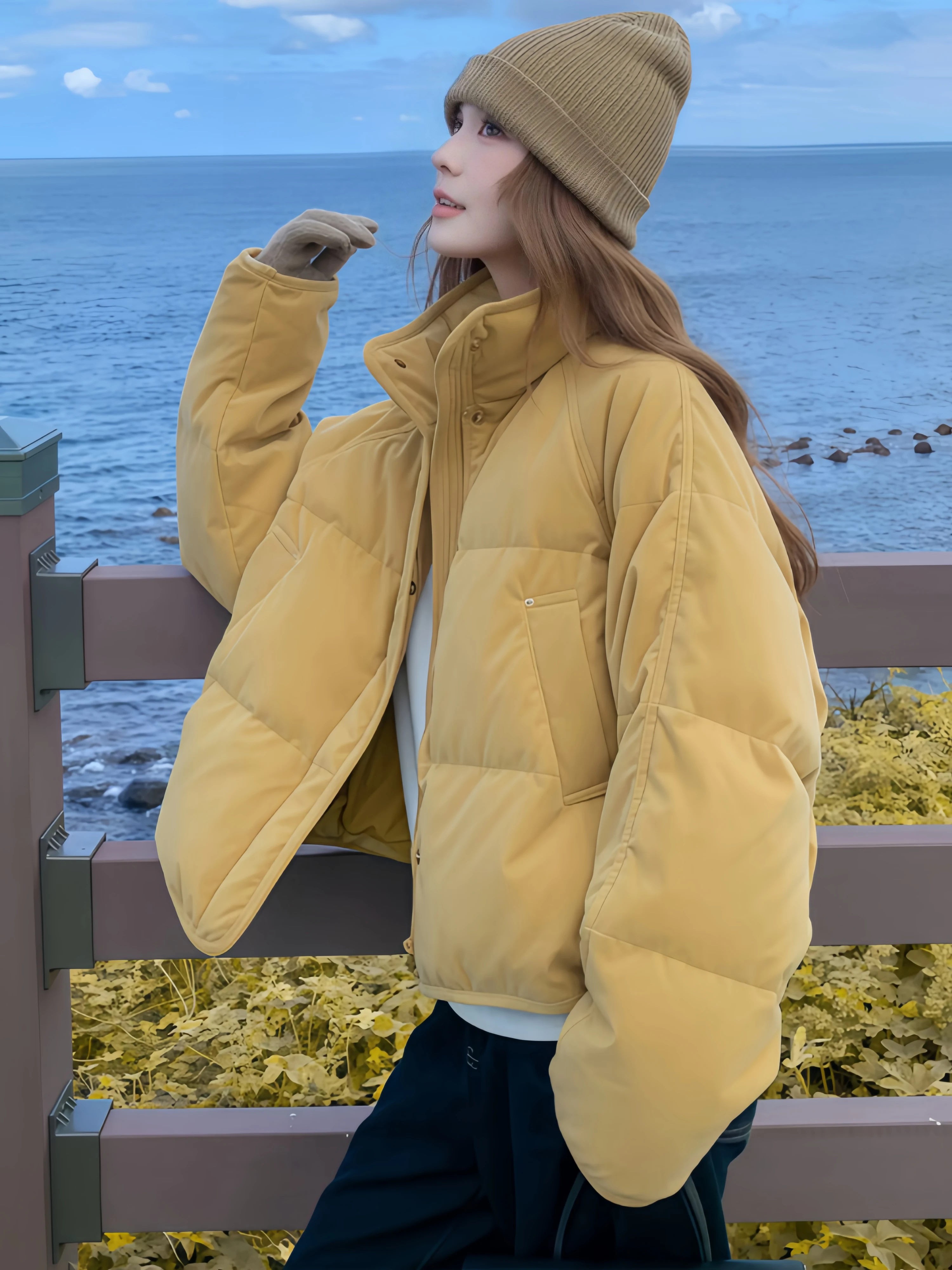 

Mustard Yellow Stand Collar down Cotton Jacket Women's Winter Short Fashion Unique Outerwear Korean Style Loose Fit Long Slee...