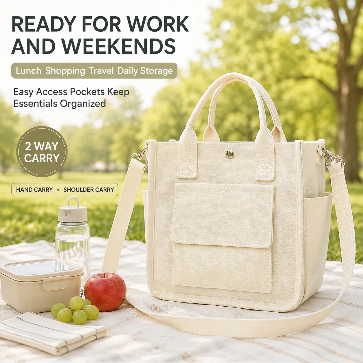 Women Bags For Office Use - キャンバスランチバッグ 女性用 多ポケット 大容量 トートバッグ ハンドバッグ