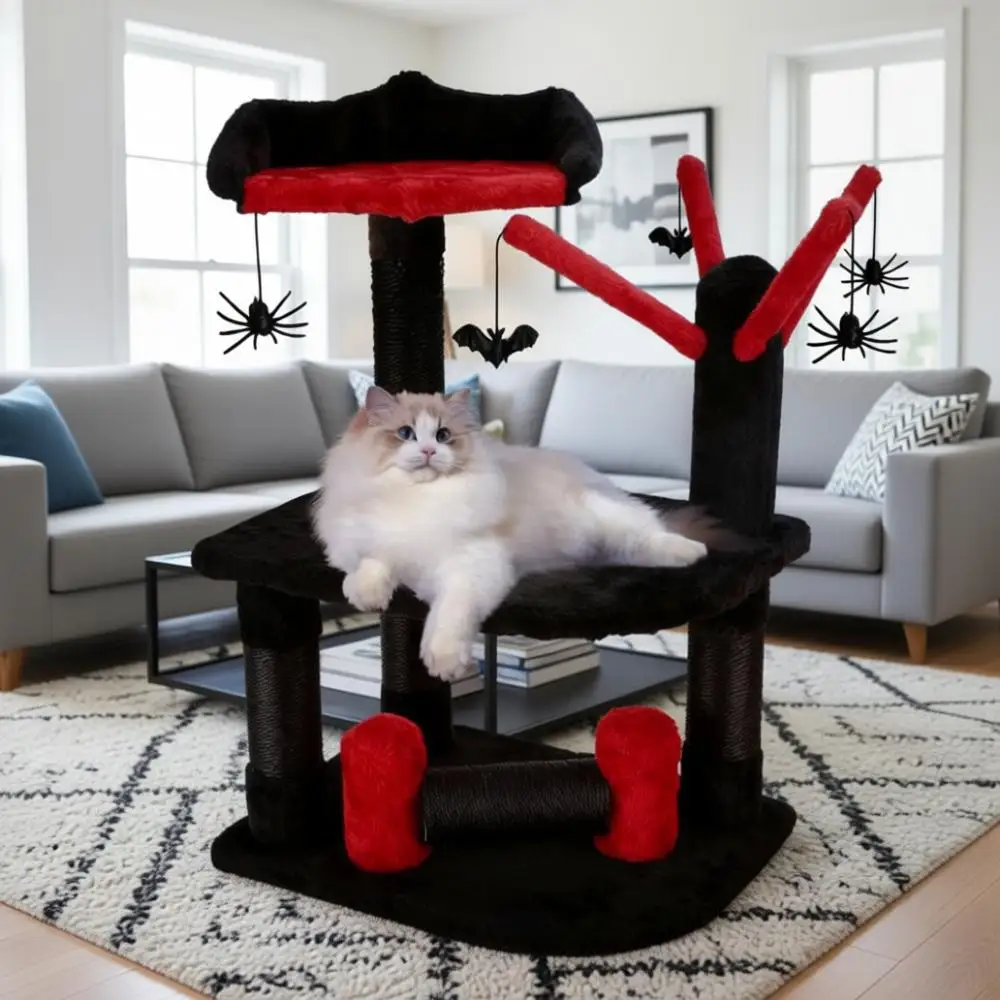 

Дерево-горка для кошек в готическом стиле на Хэллоуин, черное, для домашних кошек, с подвесными пауками и летучими мышами, для котят, Bl
