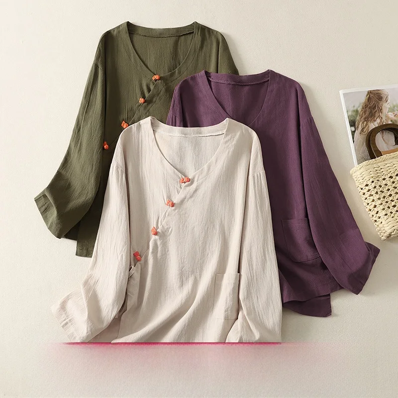 

Spring Autumn Cotton Linen Belted irt Chinese Sle Pure Color T Top Button up Travel Photoaphy ort Cardigan