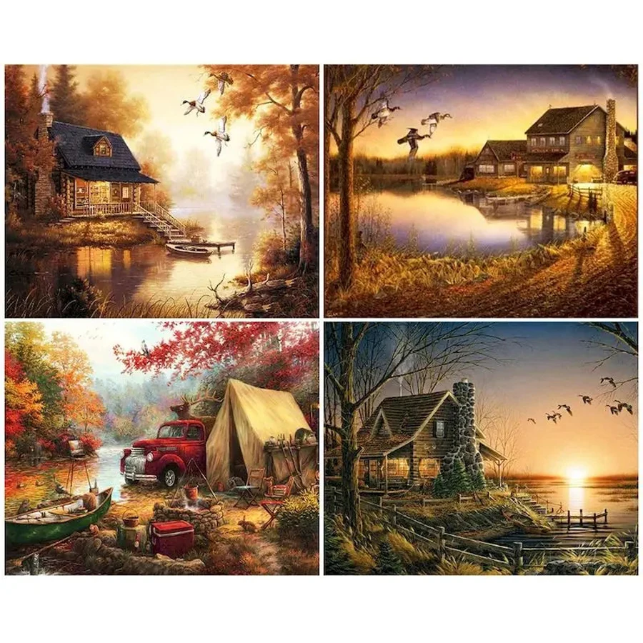 Diamond Painting Lakeside Wooden House Landscape Mosaic sunset fall Full Drill Embroidery ducks boat Handmade Rhinestones decor