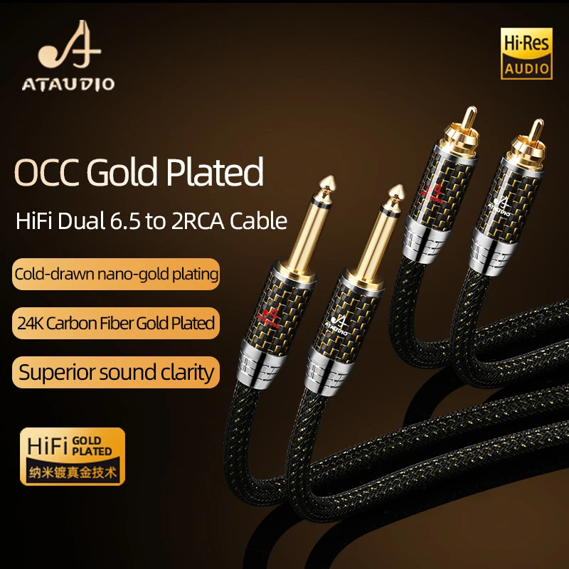 One Pair Dual 6.5 TS to 2RCA for Mixer Amplifier Hi-end OCC Gold-plated Shielding Dual 6.5mm to 2RCA Male Jack HiFi Audio Cable