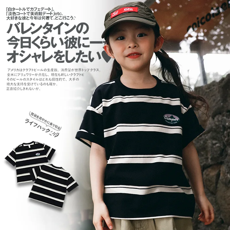 

RomperDew Girls Short-sleeved T-shirt Summer Children's Striped Top Loose Half-sleeved T-shirt Organic Cotton Baby Clothes