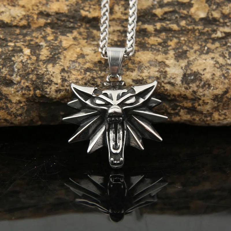 Classic Wizard 3 Wolf Head Pendant for Men Trendy Stainless Steel Geralt of Rivia Wolf Necklace Trendy Witcher Jewelry Wholesale