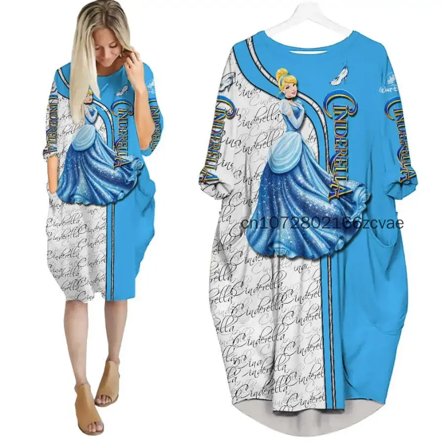 2024 New Disney Princess Batwing Pocket Dress 3D Printed New Disney Oversize Fashion Street Dress Long Sleeves Sleeping Dress