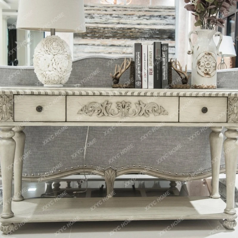 LX country light luxury retro simple old entrance table decorative cabinet solid wood carving flower sofa