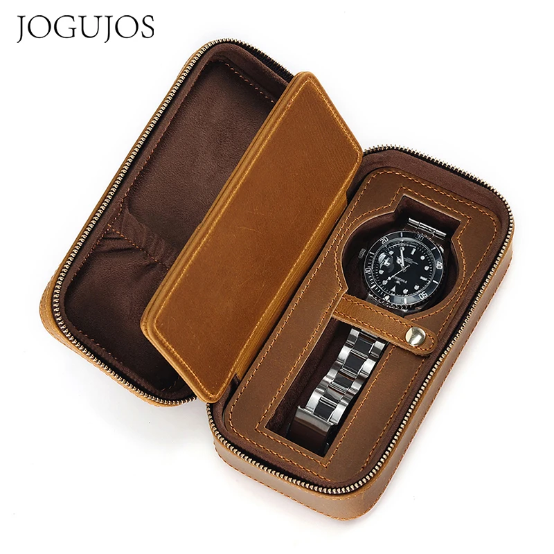 

JOGUJOS Crazy Horse Leather Retro Watch Display Box for Women Travel Watch Roll Organizer Zipper Portable Watches Storage Case