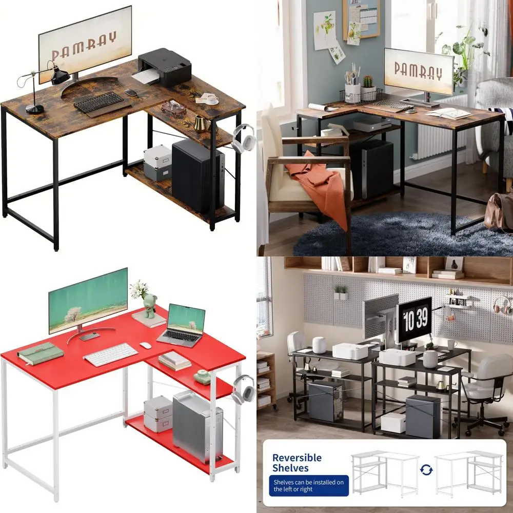 L-Shaped 43 Inch Computer Desk with Reversible Side Storage for Small Spaces, Home Office Writing Desk with Corner Space Efficie