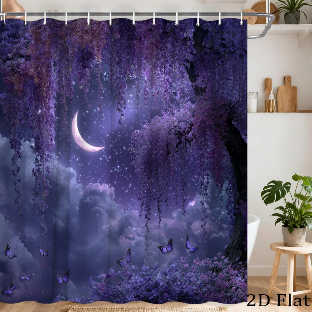 

Purple Wisteria Floral Night Sky Shower Curtain Waterproof Bathroom Decor Moon Galaxy Bohemian Curtains 180x180cm