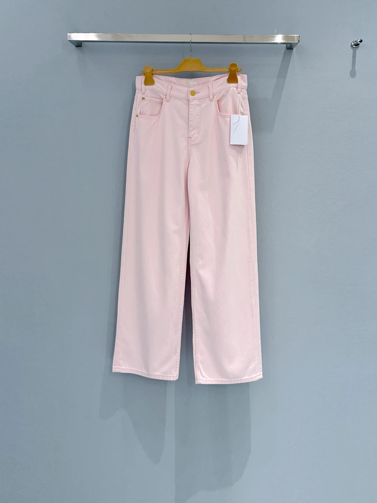 

Весенне-летние модные повседневные розовые прямые джинсы-брюки для женщин, однотонные, простые, с металлическими пуговицами и множеством карманов