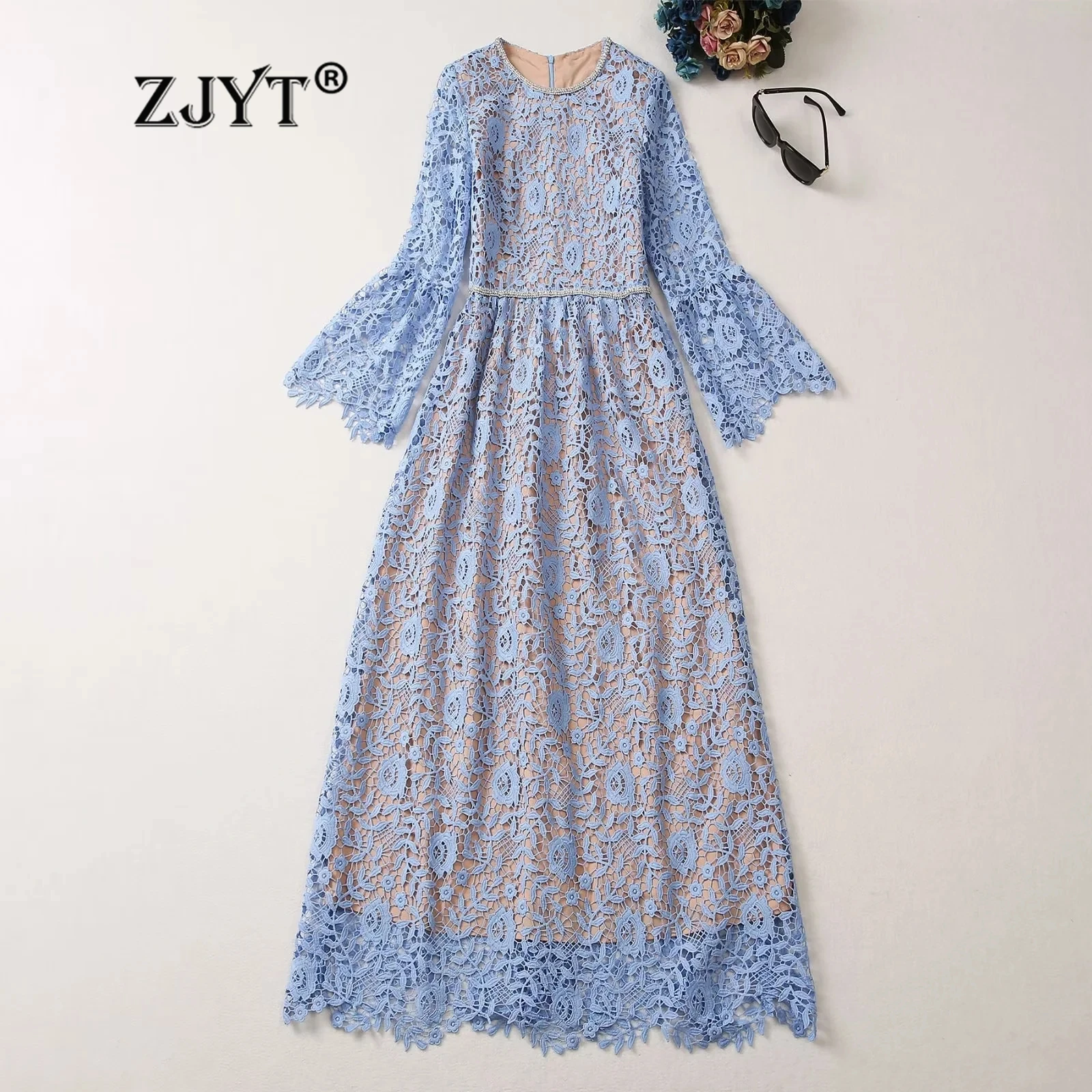 

ZJYT Beading Embroidery Hollow Lace Long Dresses for Women Elegant Flare Sleeve Blue Evening Party Dress 2024 Spring Runway Robe