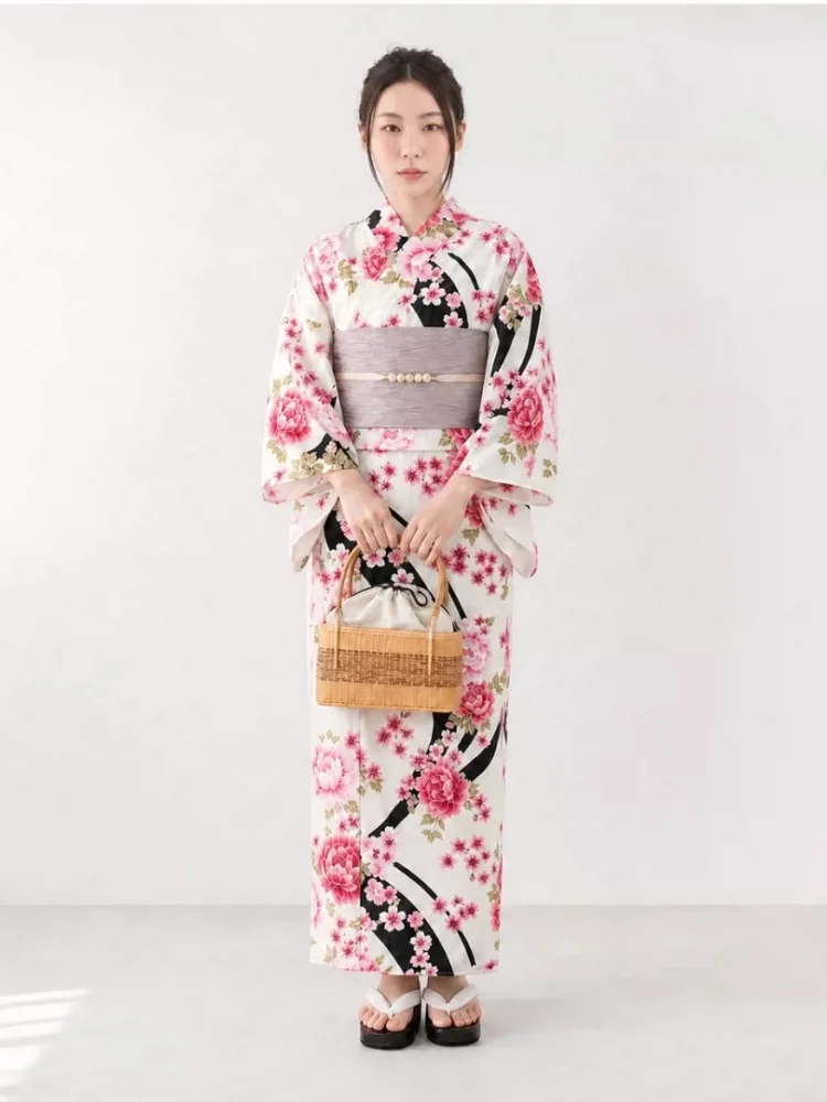 Women's Japanese Two-Piece Yukata Floral Prints Separate-Style Kimono Vintage Summer Long Dress Home Bathrobe Cos Costume