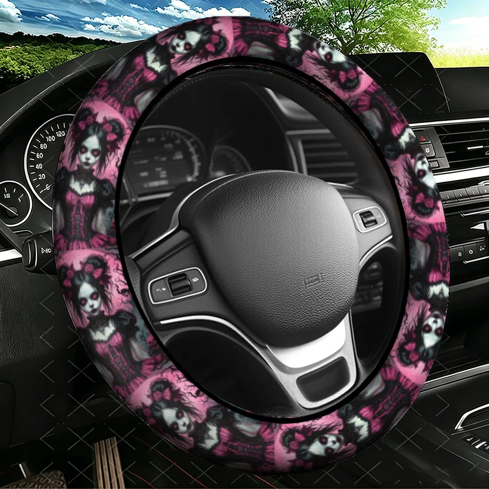 Dark Gothic Style Skull and Rose Girl Steering Wheel Cover, 15-inch Steering Wheel Cover, Suitable for Cars, SUVs, Etc
