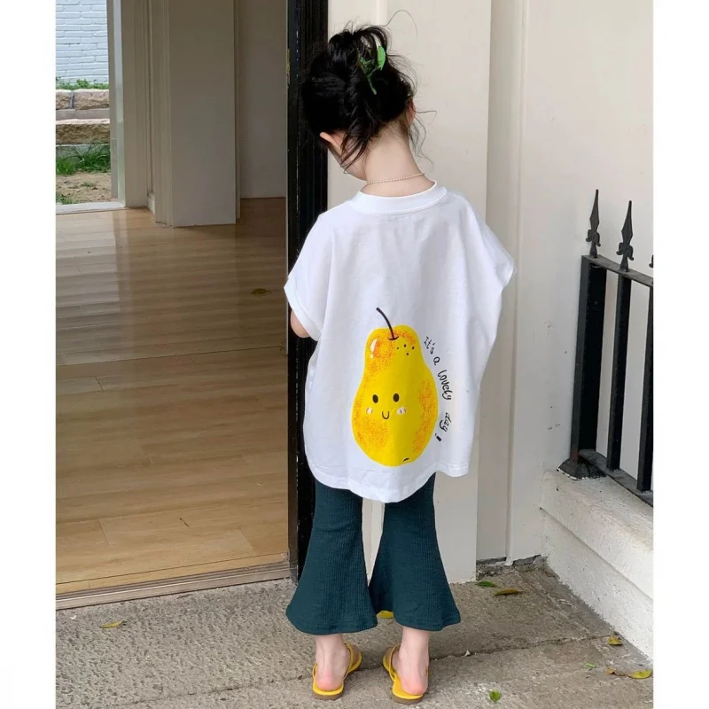 Girls' Summer Fruit Pattern Round Neck DressTShirt+Slightly flared bell-bottom pants two-piece suit