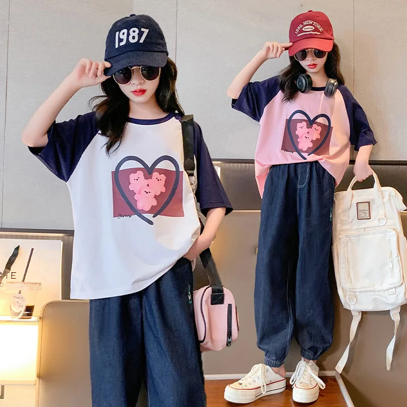 

Girls' Summer Suit2024New Western Style Korean Style Fashionable Girl's Jeans Short Sleeve Suit