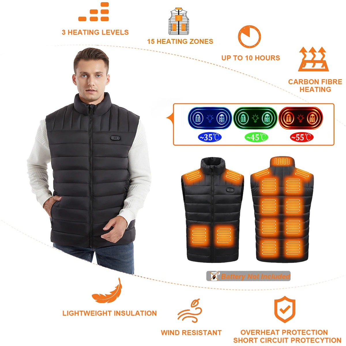 2026 New Heated Vest, Winter Warmth Outdoor USB Heated Vest with 15 Carbon Fiber Heating Pads, 3 Temperature Levels