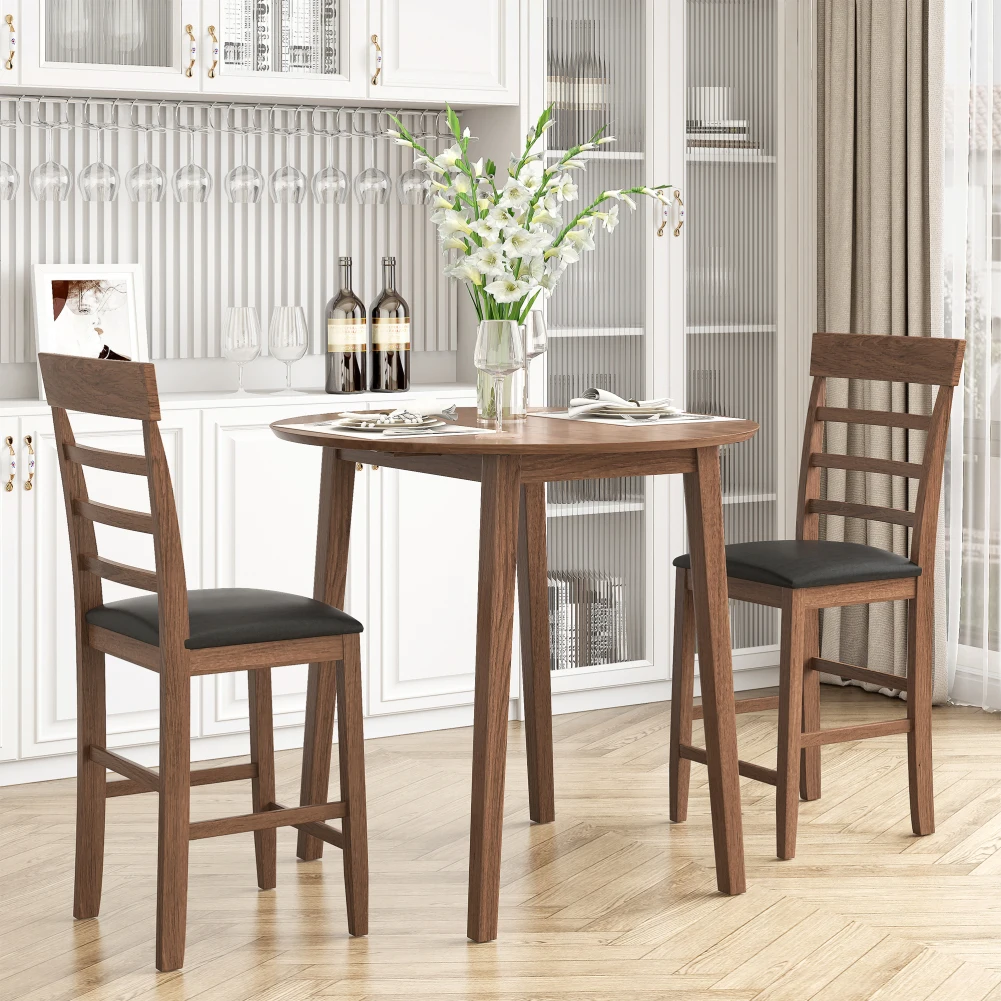 3 Pieces Dining Set With Round Foldable Table 4 Upholstered Chairs Rustic Solid Rubber Wood Table Chairs For Home Apartment