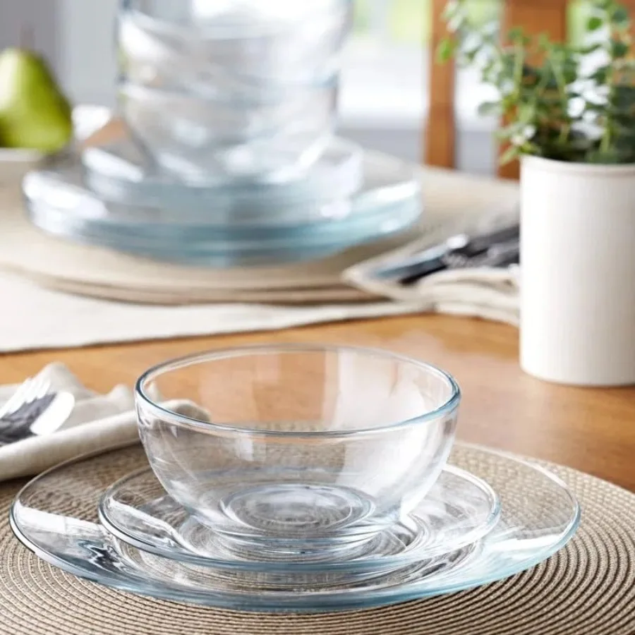 12pc Glass Dinnerware Set - Sleek Round Clear Glass Plate and Bowl Sets - Dishwasher Safe, Bread and Butter Dinner, Dessert, Sa