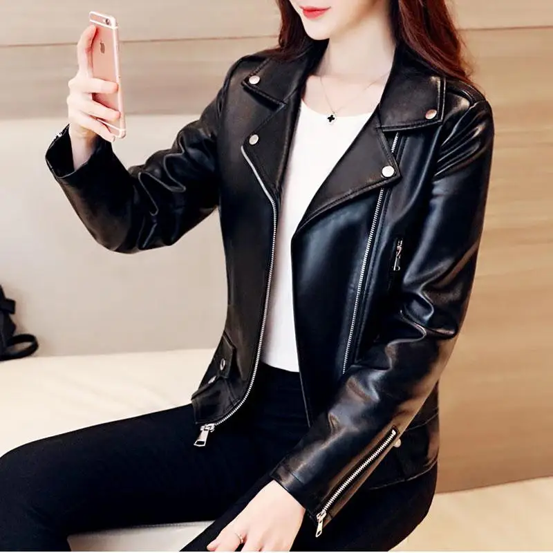 Slim Fit Casual Fashionable Leather Jacket Women's Outerwear Coat Large Size Korean Style Washing Leather Spring 