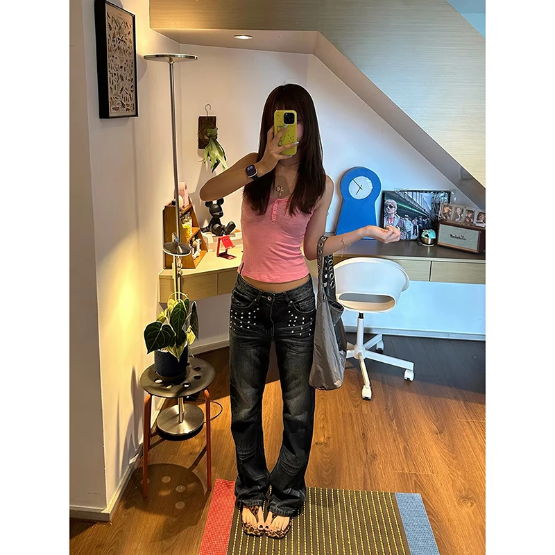 ZHIZOU Women Low Rise Flare Denim Pants Rivet Jeans Abi Bell Bottom Long Trousers Y2k Grunge Designer High Street Skinny Autumn