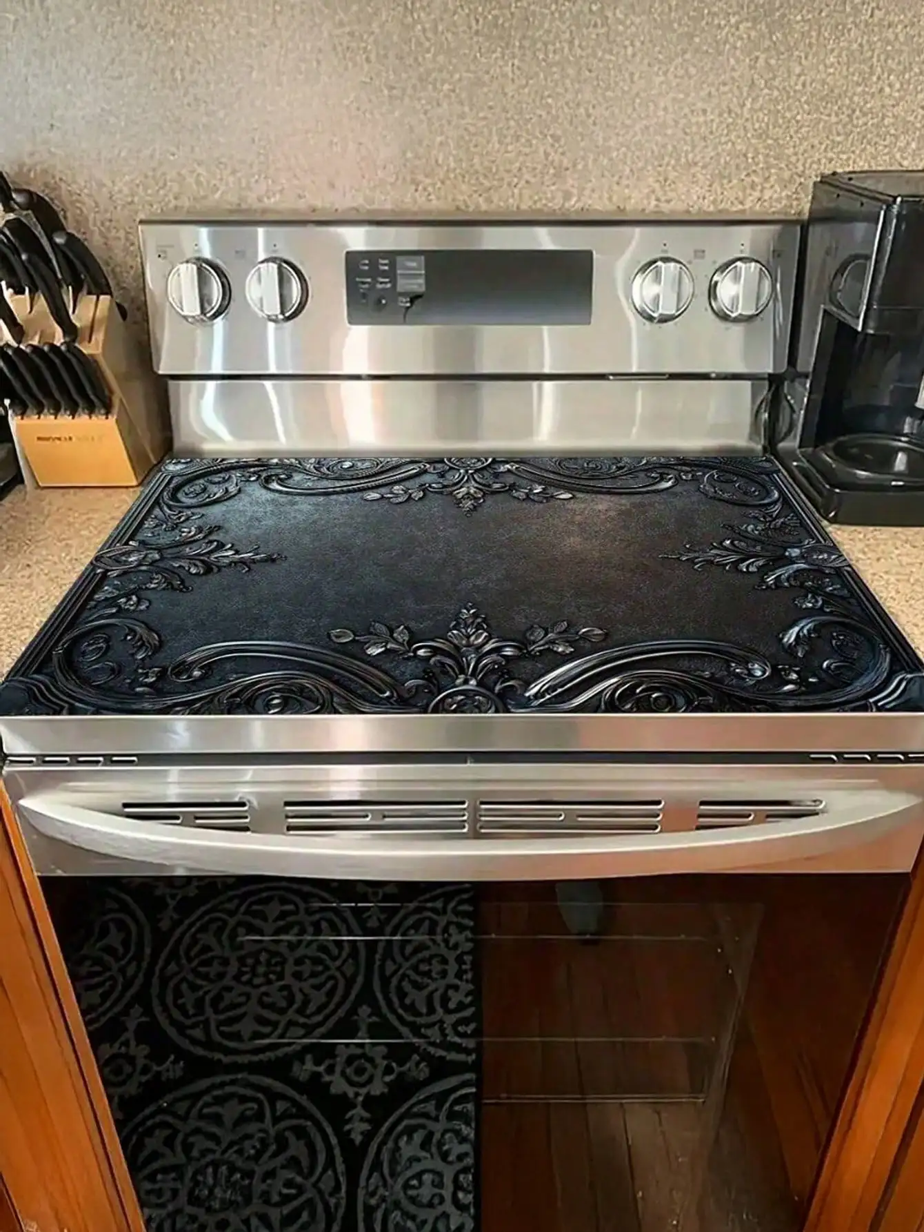 1pc Stove Cover Protector Mat - Dark Grey Ornate Metal Frame Design, Elegant Stove Top Protector For Modern Kitchens