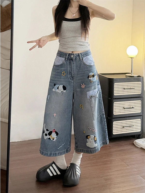 

American Cartoon Dog Embroidery Jeans Women's Summer New Loose High Waist Wide Leg Pants Cotton Polyester Blend Casual Jeans