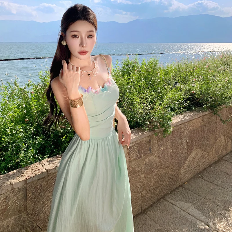 Beach Vacation Backless Dress Women Summer Mint Mambo Green Fishing Style Date Spaghetti Strap Long Dress