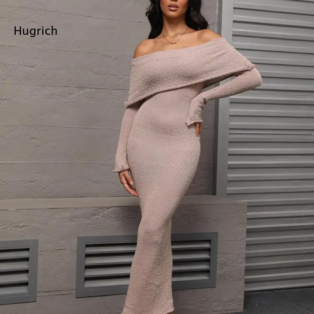 Off Shoulder Bodycon Maxi Dress Women Long Sleeve Textured Fabric Slim Fit Night Club Evening Cocktail Party Long Dresses