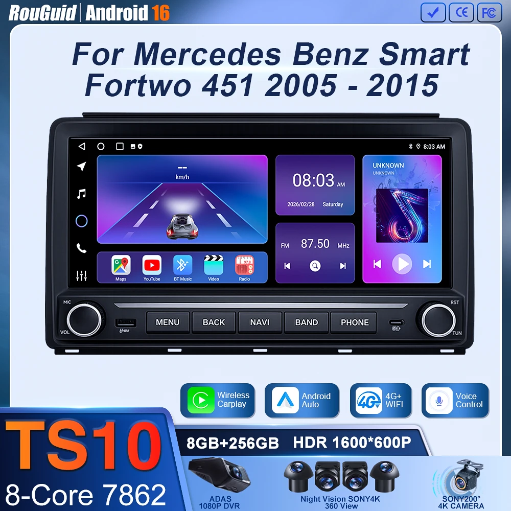 For Mercedes Benz Smart Fortwo 451 2005 - 2015 Car Audio Player Carplay Android Auto 8 Core AutoMotive Navigation GPS Car Radio