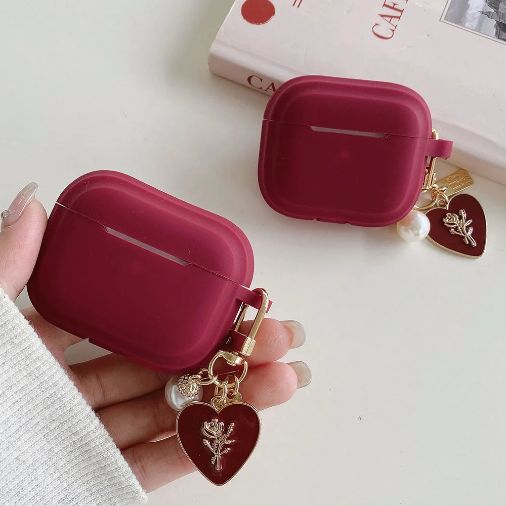 Vintage Wine Red Silicone Earphone Case For Apple Airpods 1 2 3 4 Pro 2nd Headset Box Cover With Rose Love Heart Pearl Pendant